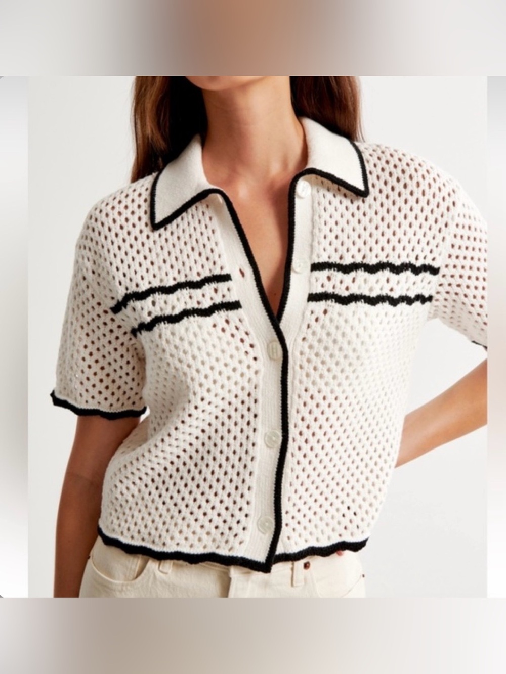 Abercrombie & Fitch White Open-Knit Polo Cardigan with Black Trim